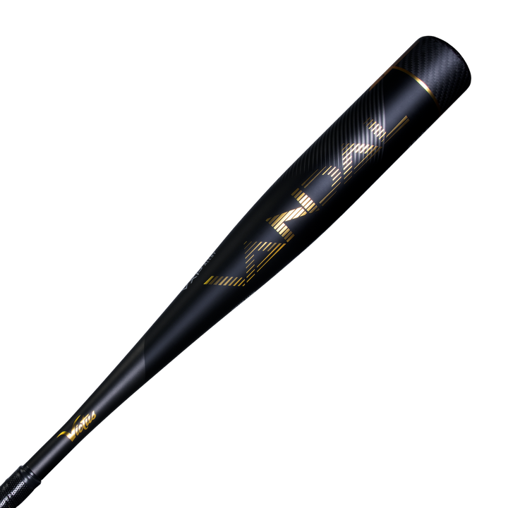 The 2022 Victus Vandal 2 (-8) USSSA baseball bat by Victus features a black matte and gloss finish with gold accents and bold VANDAL lettering. This hybrid aluminum bat offers elite performance for serious players.