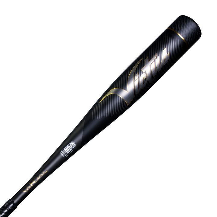 The 2022 Victus Vandal 2 (-8) USSSA Baseball Bat, in black with gold and white accents and a bold Victus logo on the barrel, is shown against a white background.