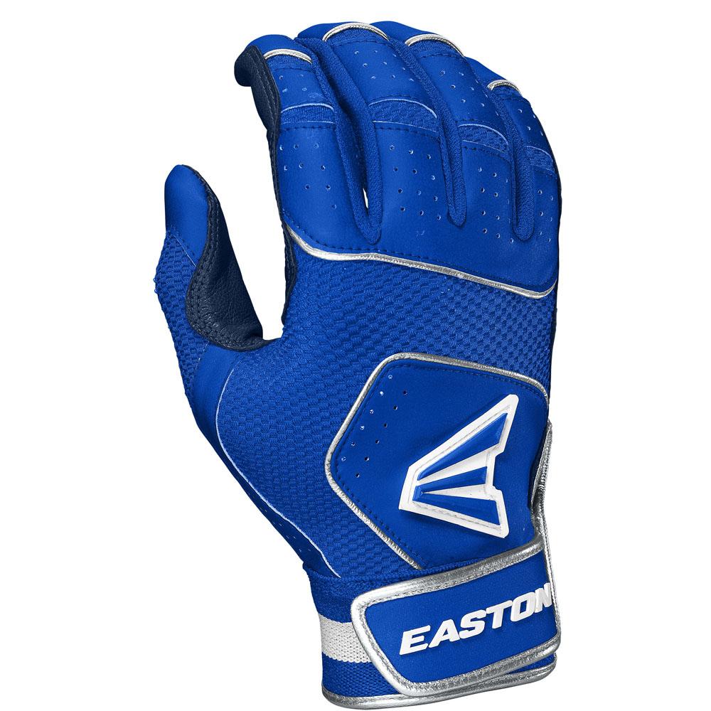 The Easton Walk Off NX Youth Batting Gloves (A121262) feature a blue design with white and silver accents, durable goatskin leather, a textured grip, stitched details, and Easton's logo on the wrist strap and back of hand.