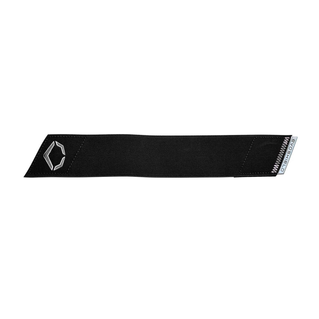 A black fabric strap for the EvoShield PRO-SRZ 2.0 Batter's Elbow Guard (WB572600) features a white geometric EvoShield logo on one end and a small white tag with text on the other, shown against a white background.