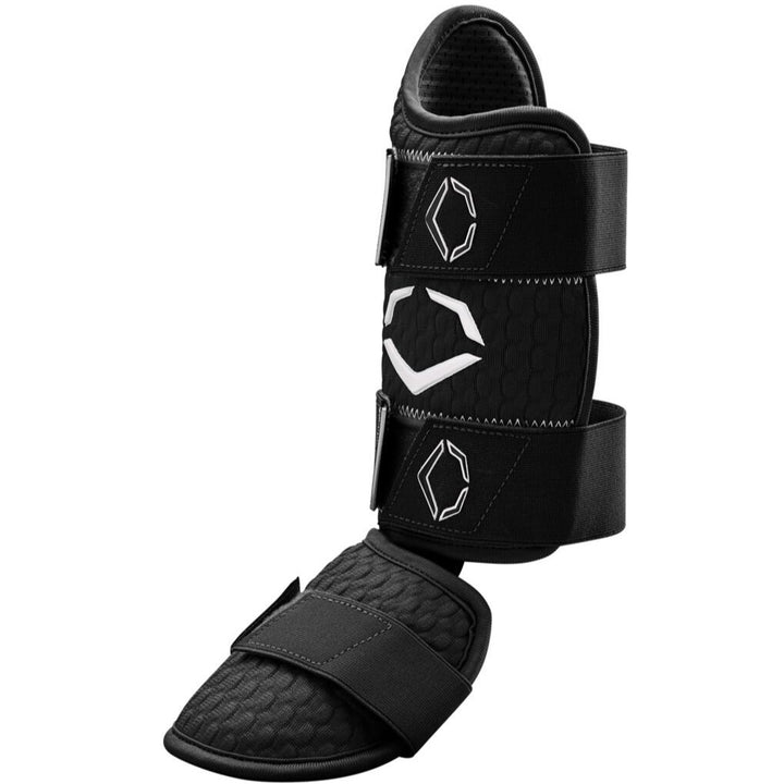 The EvoShield PRO-SRZ 2.0 Batter’s Leg Guard (WB5726901) features Gel-to-Shell Technology, two adjustable straps, white geometric logos, a textured surface, and padded foot cover—designed for elite athletic protection.