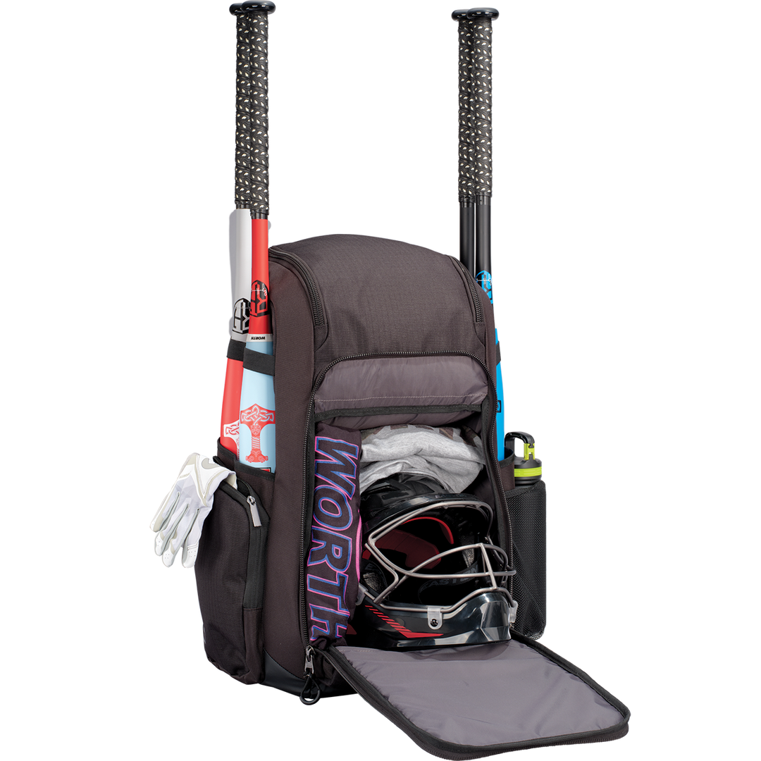 The Worth Pro Backpack: WBA004 by Worth holds two bats in side holders, a helmet, gloves, a branded Worth item in the main compartment, plus water bottles in side pockets—ideal for all your slowpitch essentials.