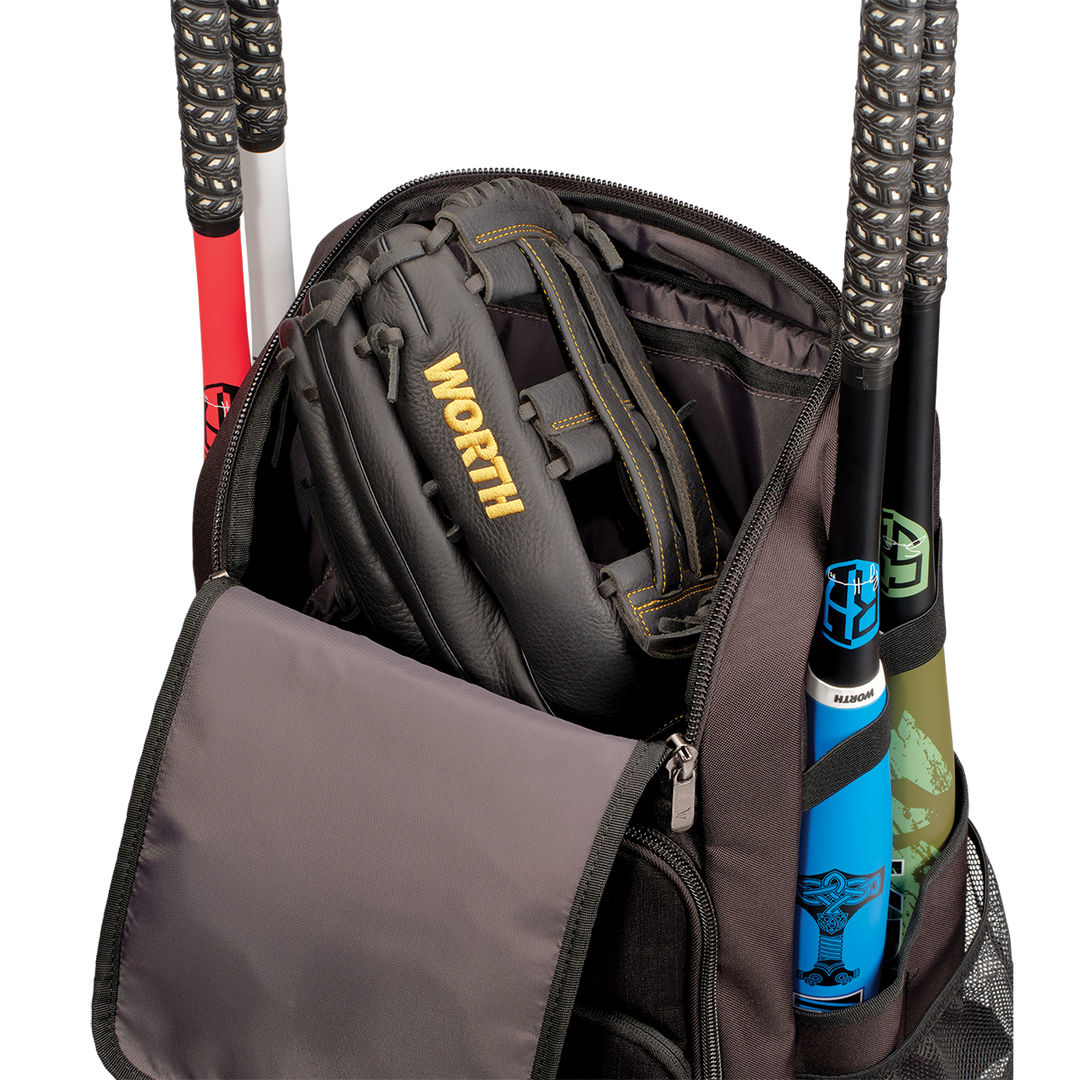 The Worth Pro Backpack: WBA004 by Worth is unzipped, showing a black and gold Worth baseball glove inside. Two bats with patterned grips stick out from the sides, and another blue and black bat is in a side pocket.