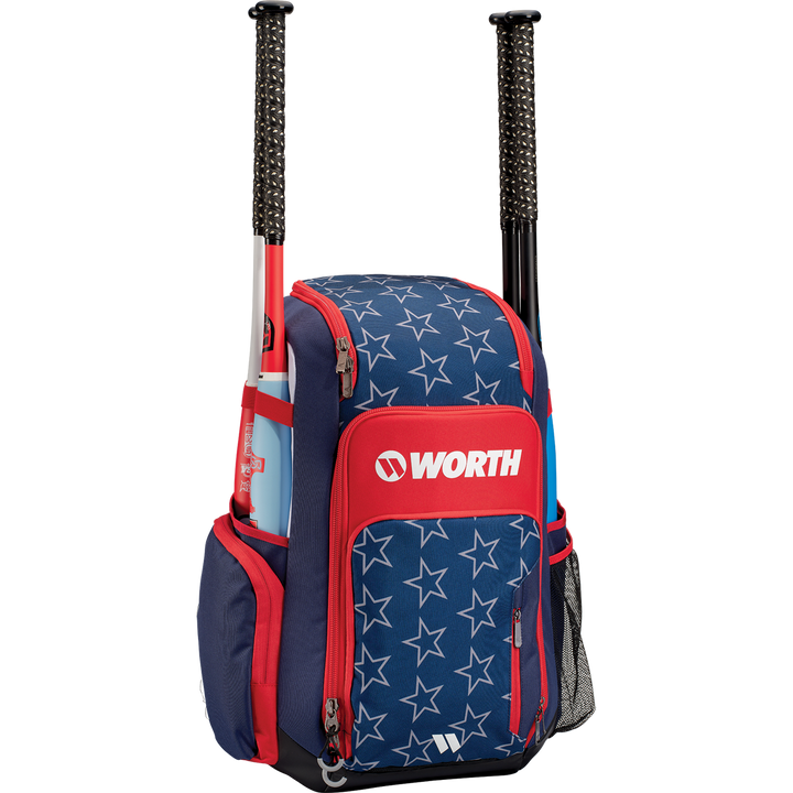 The Worth Pro Backpack: WBA004 by Worth features a blue and red design with white stars, two side bat holders, and multiple zippered compartments—ideal as your go-to slowpitch gear bag.
