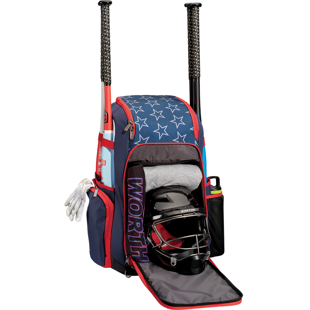 The Worth Pro Backpack: WBA004 by Worth, featuring blue and red colors with star patterns, holds two bats, white gloves, a black helmet, a gray shirt, and a water bottle in the side pocket. The front compartment displays the slowpitch gear.