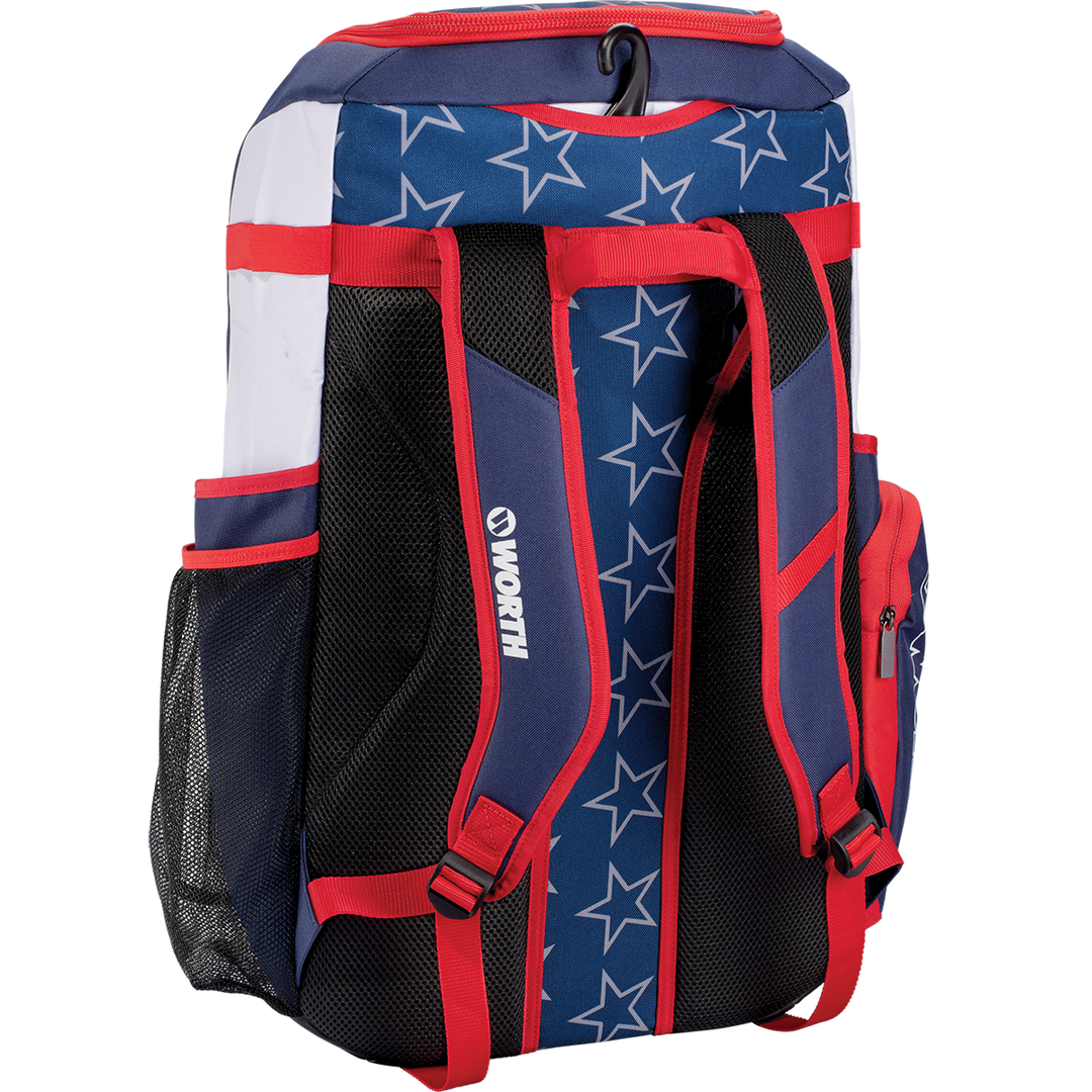 The Worth Pro Backpack: WBA004 by Worth features blue, red, and white colors with star patterns, mesh side pockets, padded shoulder straps, and multiple zippered compartments—ideal as your go-to slowpitch gear bag.