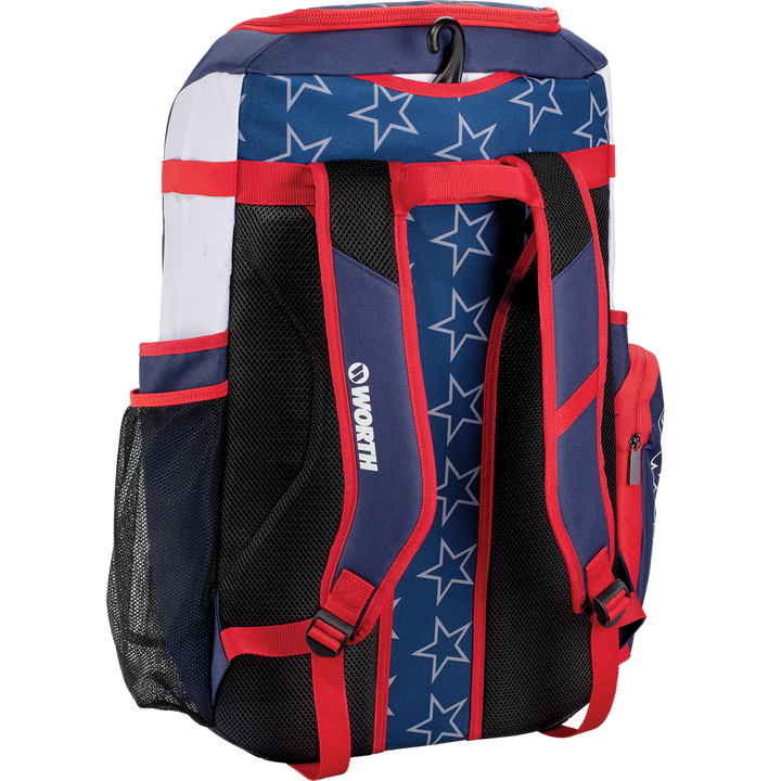 The Worth Pro Backpack: WBA004 by Worth features blue, red, and white colors with star patterns, mesh side pockets, padded shoulder straps, and multiple zippered compartments—ideal as your go-to slowpitch gear bag.