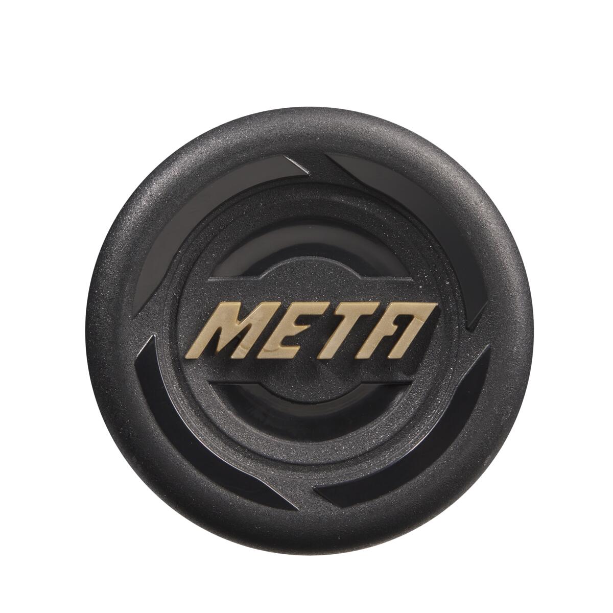 A round, black object with raised gold META letters at the center, resembling the 2023 Louisville Slugger Meta (-5) 2 5/8" USSSA Baseball Bat (WBL2649010), viewed from above against a white background.