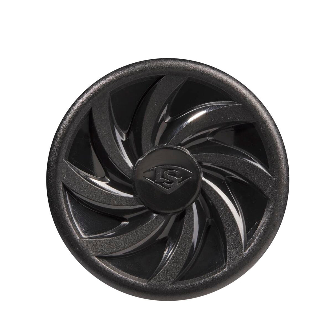 The image shows a black circular end cap with a swirling, turbine-like design and raised LS logo, reflecting the Louisville Slugger brand on the 2023 Omaha (-11) 2 5/8" USA Baseball Bat: WBL2664010, set against a plain white background.