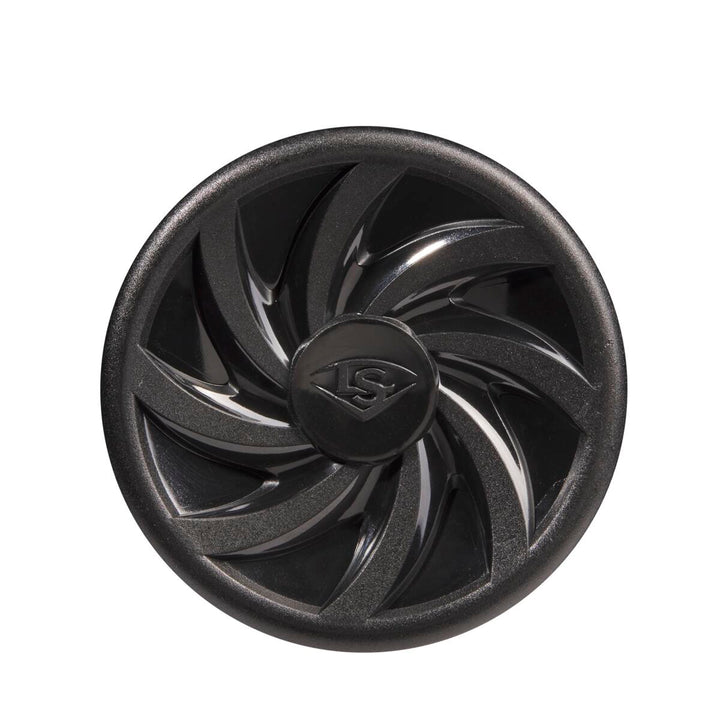 The image shows a black circular end cap with a swirling, turbine-like design and raised LS logo, reflecting the Louisville Slugger brand on the 2023 Omaha (-11) 2 5/8" USA Baseball Bat: WBL2664010, set against a plain white background.