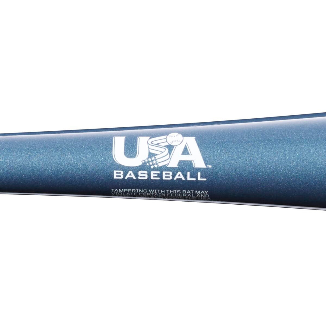 Close-up of the 2023 Louisville Slugger Omaha (-11) 2 5/8" USA Baseball Bat (WBL2664010), featuring a blue finish, white USA Baseball logo with a baseball design in the letter A.