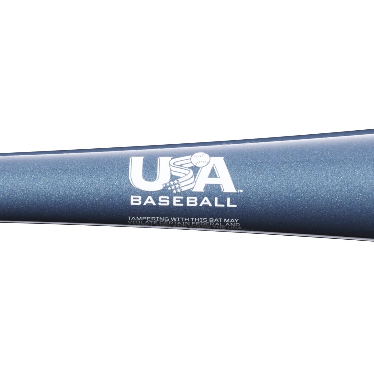 Close-up of the 2023 Louisville Slugger Omaha (-11) 2 5/8" USA Baseball Bat (WBL2664010), featuring a blue finish, white USA Baseball logo with a baseball design in the letter A.