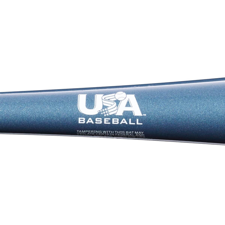 Close-up of the 2023 Louisville Slugger Omaha (-11) 2 5/8" USA Baseball Bat (WBL2664010), featuring a blue finish, white USA Baseball logo with a baseball design in the letter A.