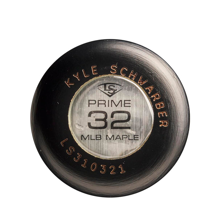 Close-up of the knob end of a black Louisville Slugger MLB Prime Signature Series KS12 Kyle Schwarber GM Maple Wood Baseball Bat (WBL2679010) showing player details and branding on a metallic label.