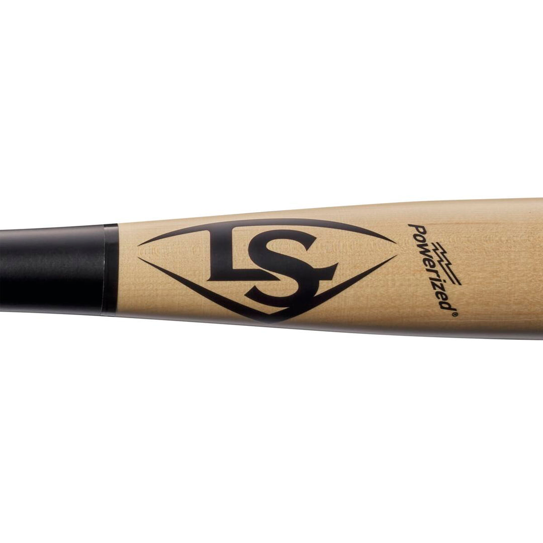 Close-up of a Louisville Slugger MLB Prime Signature Series KS12 Kyle Schwarber GM Maple Wood Baseball Bat (WBL2679010), featuring the LS diamond logo, Powerized marking, light wood barrel, and black handle.