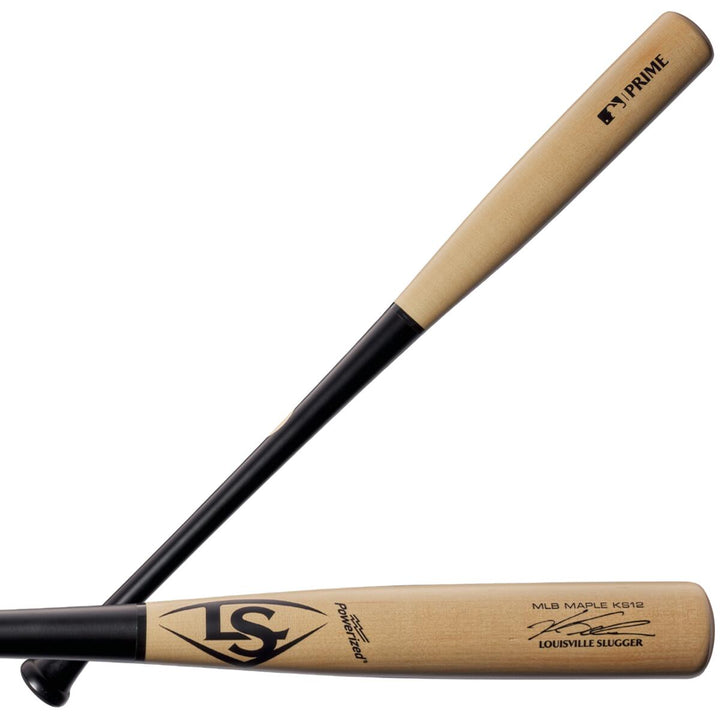 A close-up showcases the premium craftsmanship and iconic design of the Louisville Slugger MLB Prime Signature Series KS12 Kyle Schwarber GM Maple Wood Baseball Bat (WBL2679010).