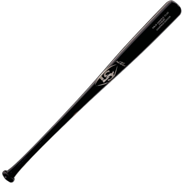The Louisville Slugger MLB Prime Maple DJ2 Captain Baseball Bat (WBL2683010) features a black maple finish with a silver logo, inspired by Derek Jeter’s iconic bat, and is photographed on a white background.