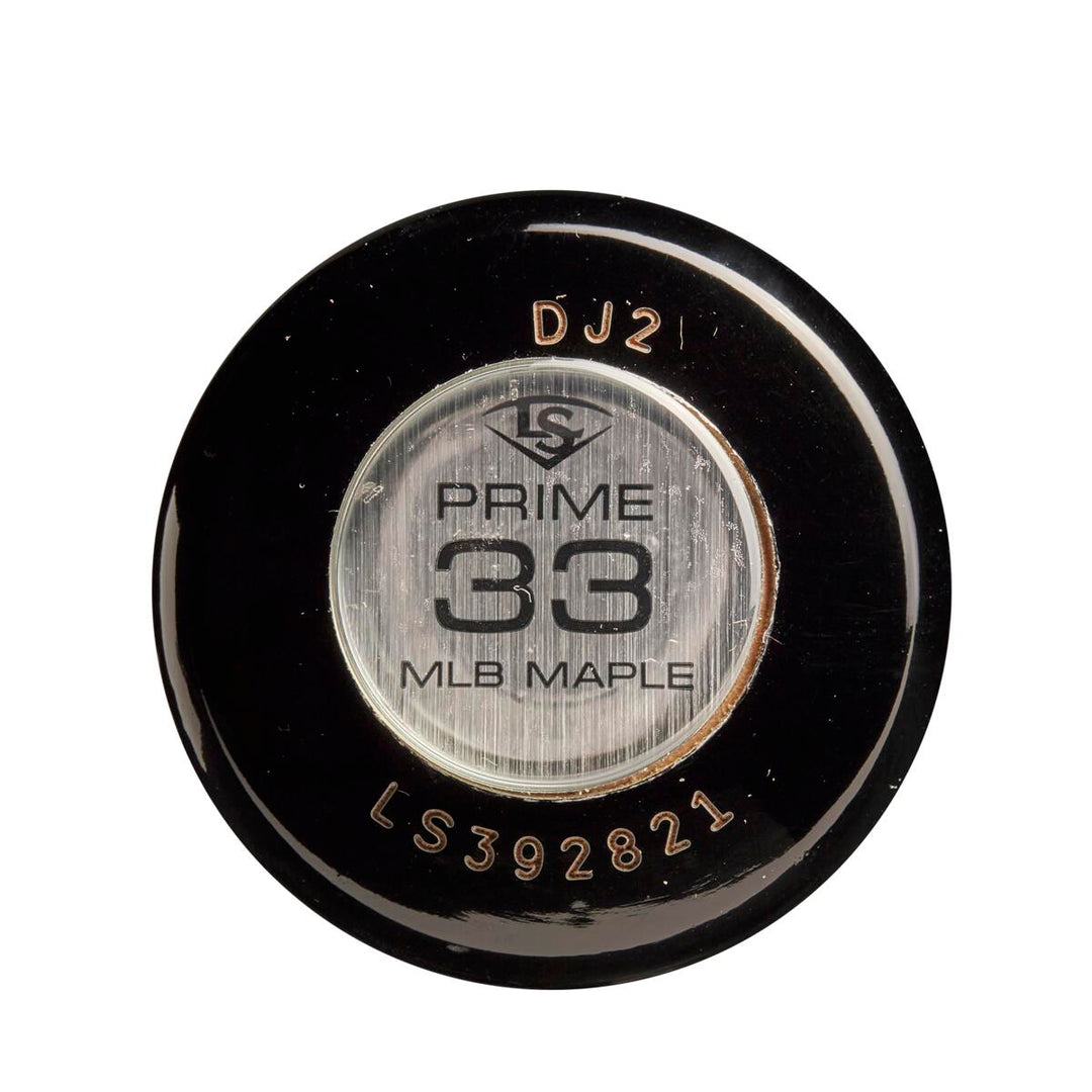 Close-up of the knob of a Louisville Slugger MLB Prime Maple DJ2 Captain Wood Baseball Bat (WBL2683010), showing “PRIME 33 MLB MAPLE,” serial “LS392821,” DJ2 code, and the iconic Louisville Slugger logo.
