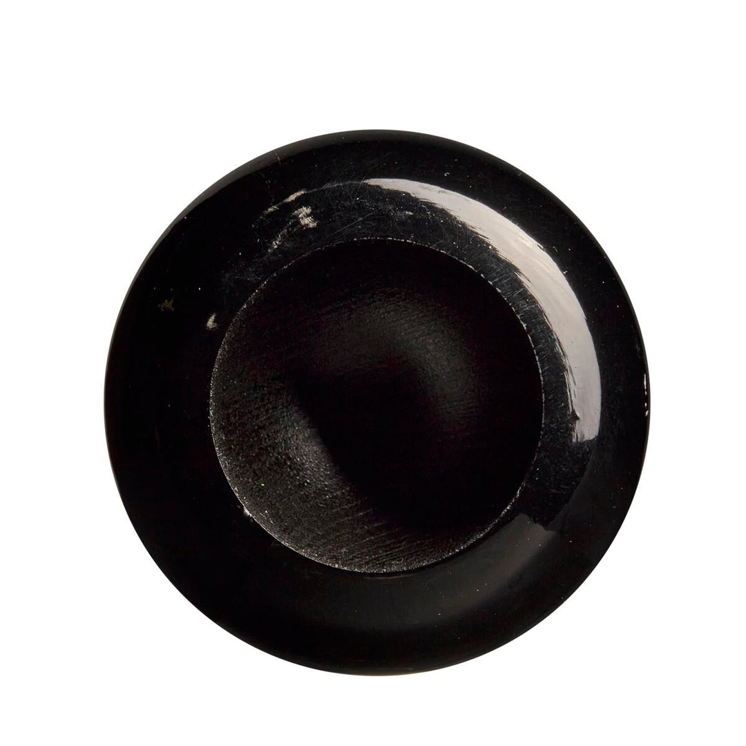 A top-down view of a round, black, glossy bowl with a wide rim and deep center, its finish recalling the polished look of the Louisville Slugger MLB Prime Maple DJ2 Captain Wood Baseball Bat (WBL2683010), isolated on a white background.