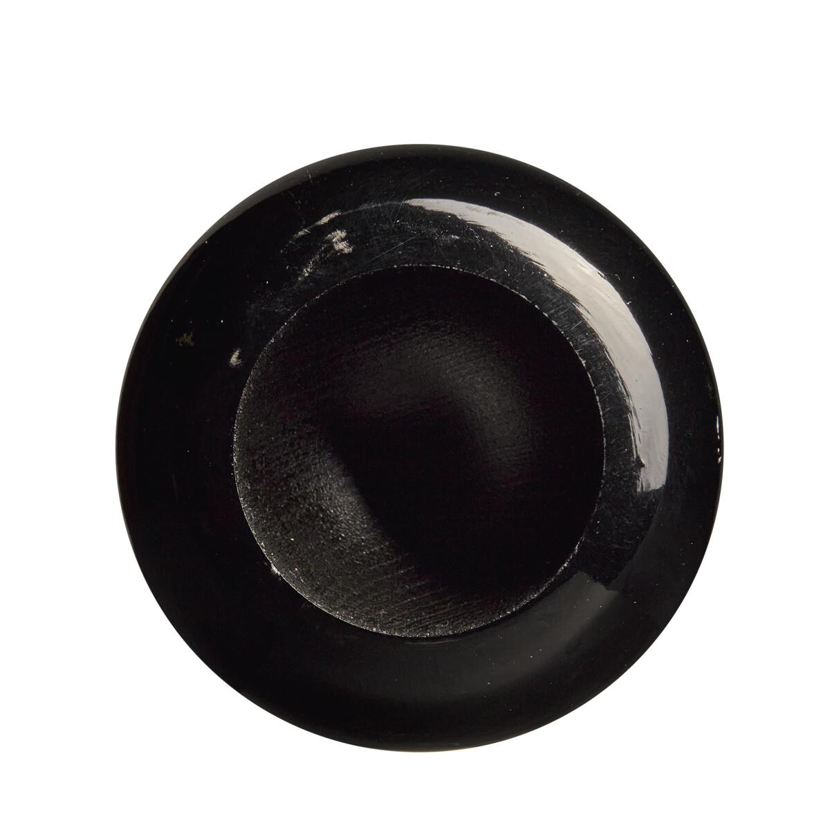 A top-down view of a round, black, glossy bowl with a wide rim and deep center, its finish recalling the polished look of the Louisville Slugger MLB Prime Maple DJ2 Captain Wood Baseball Bat (WBL2683010), isolated on a white background.