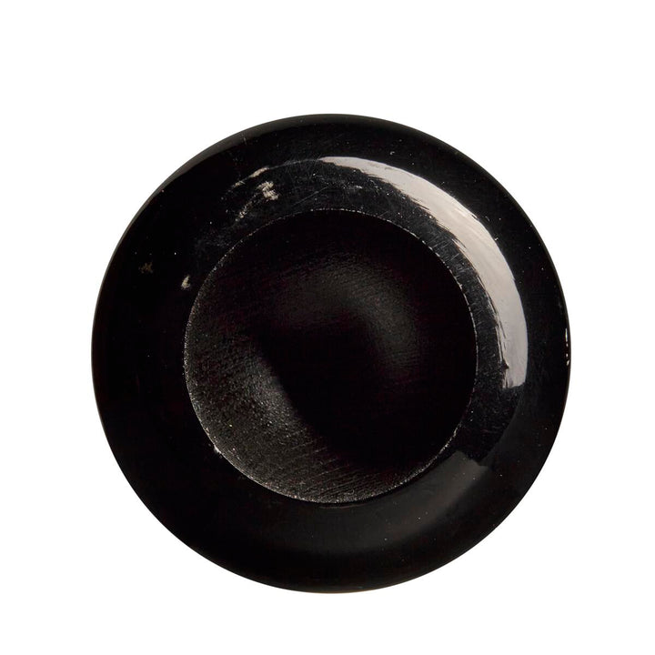 A top-down view of a round, black, glossy bowl with a wide rim and deep center, its finish recalling the polished look of the Louisville Slugger MLB Prime Maple DJ2 Captain Wood Baseball Bat (WBL2683010), isolated on a white background.