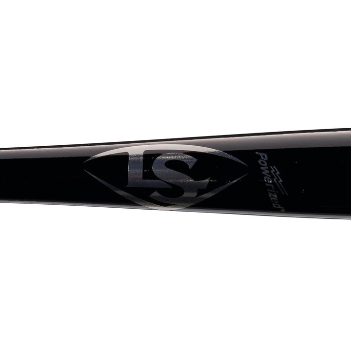 Close-up of a black Louisville Slugger MLB Prime Maple DJ2 Captain Wood Baseball Bat (WBL2683010) with a silver LS logo and the word "Powerized" on the barrel.