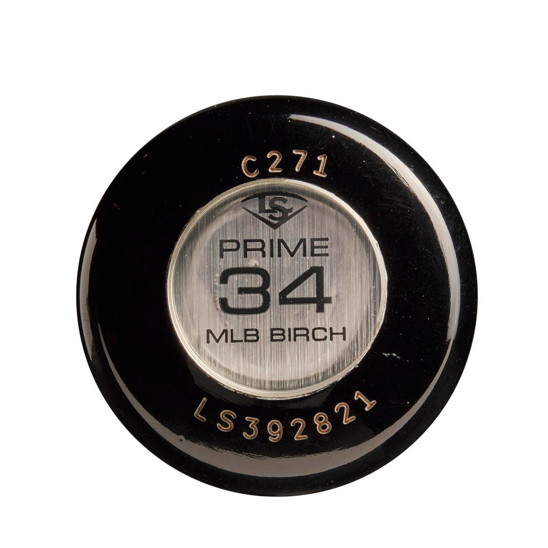 Close-up of the knob on a Louisville Slugger MLB Prime Birch C271 Wood Baseball Bat, showing its Craftsman-Style Cup with "PRIME 34 MLB BIRCH," "C271," and "LS392821" etched on the silver and black circular end.