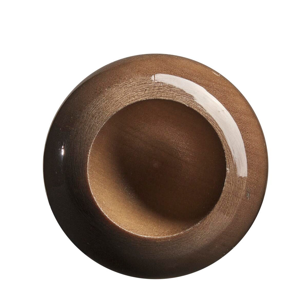 Top view of a round, brown, wooden bowl with a smooth texture and glossy finish, reminiscent of the balanced swing weight and elegance of the Louisville Slugger MLB Prime Birch C271 Wood Baseball Bat (WBL2684010), placed on a white background.