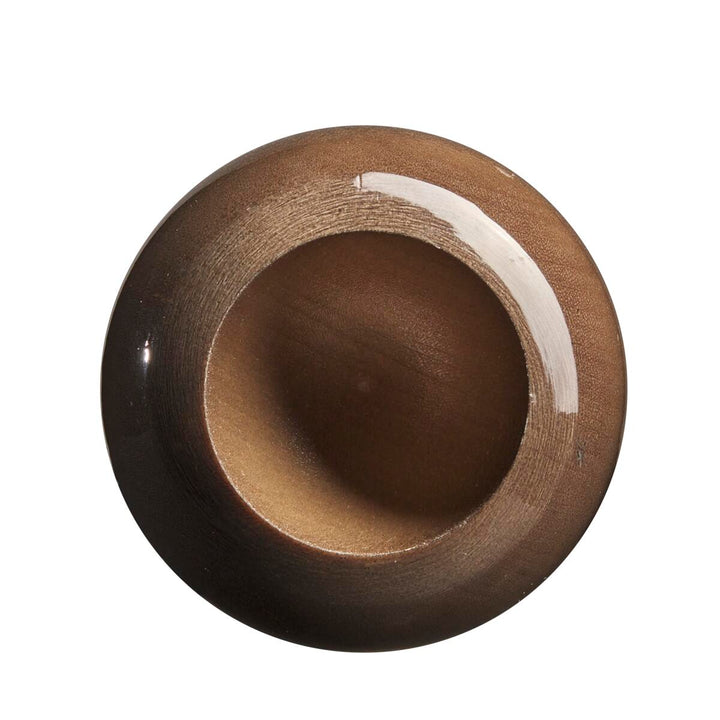 Top view of a round, brown, wooden bowl with a smooth texture and glossy finish, reminiscent of the balanced swing weight and elegance of the Louisville Slugger MLB Prime Birch C271 Wood Baseball Bat (WBL2684010), placed on a white background.