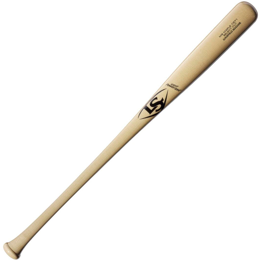 The Louisville Slugger Select Cut M9 Maple C271 Wood Baseball Bat (WBL2685010) features a natural finish, black LS logo near the barrel, and a balanced swing weight from a thick barrel tapering to a thin handle.