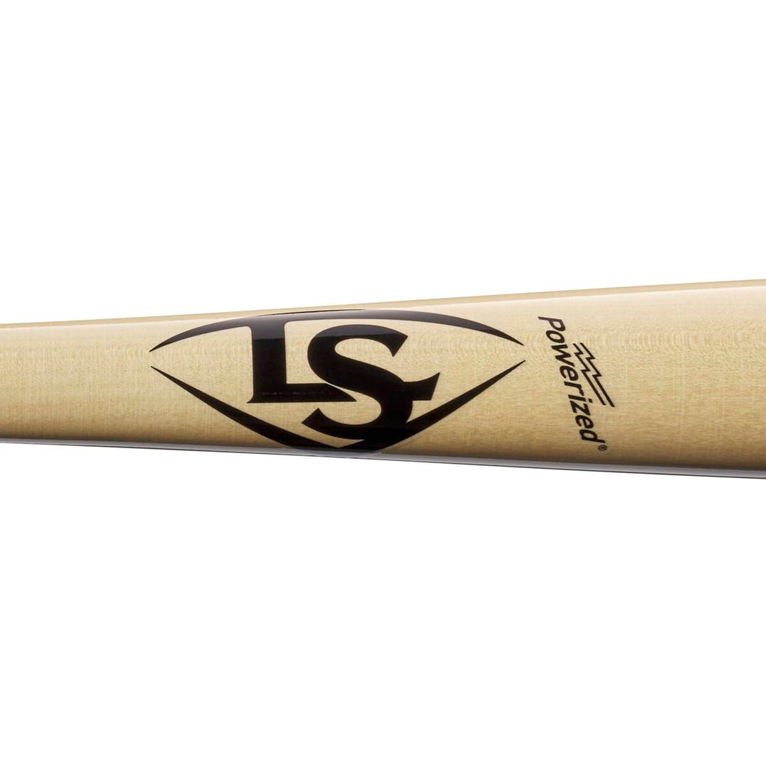 Close-up of the Louisville Slugger Select Cut M9 Maple C271 Wood Baseball Bat (WBL2685010) with black LS diamond logo, "Powerized" mark, and balanced swing weight for top performance.