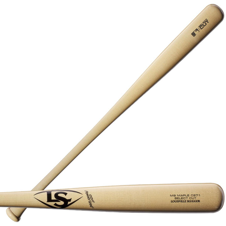 Two light-colored wooden baseball bats—including the Louisville Slugger Select Cut M9 Maple C271 Wood Baseball Bat (WBL2685010)—are displayed, each with a balanced swing weight and the iconic Louisville Slugger logo on the barrel.