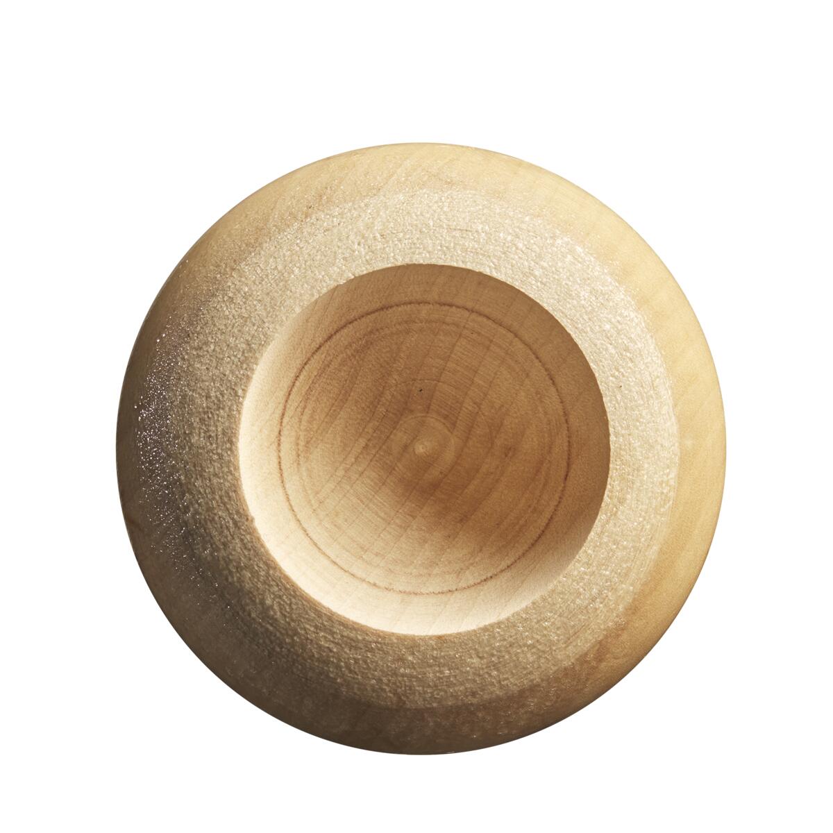 A round, shallow wooden bowl is shown from above, its smooth, light grain recalling a Louisville Slugger Genuine MIX Unfinished Natural Wood Baseball Bat (WBL2689010) by Louisville Slugger, with a subtly textured rim on a white background.