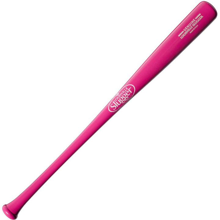 A Louisville Slugger Genuine MIX Pink Wood Baseball Bat (WBL2691010) is displayed against a white background, featuring the Louisville Slugger brand name and logo in white near the barrel.