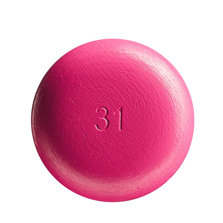 A round, bright pink pill embossed with "31" in the center is shown on a white background—its vibrant color recalling the Louisville Slugger Genuine MIX Pink Wood Baseball Bat (WBL2691010) by Louisville Slugger.