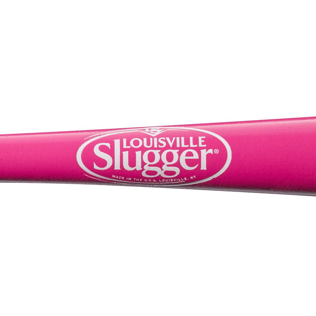 Close-up of a Louisville Slugger Genuine MIX Pink Wood Baseball Bat: WBL2691010, made in the USA, with white and pink Louisville Slugger logo on the barrel.