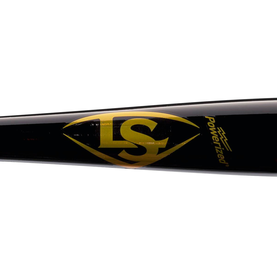 Close-up of a black Louisville Slugger Youth Prime CY22 Christian Yelich Maple Wood Baseball Bat (WBL2699010) featuring a large yellow LS diamond logo and the word "Powerized" printed nearby.