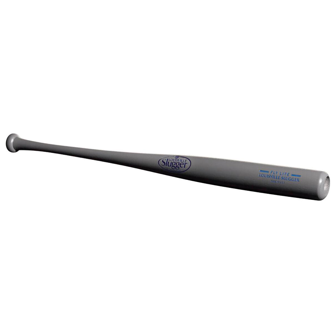 The Louisville Slugger Youth Flylite Y243 Wood Baseball Bat (WBL2704010) features a gray metallic finish, slightly flared knob, and blue Louisville Slugger logo near the center.