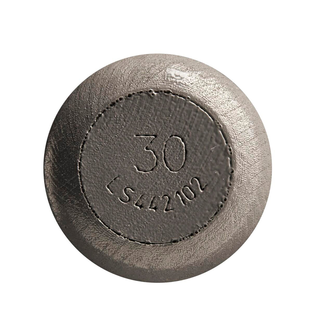 A close-up of a metallic circular object displaying the number 30 and code LS442102 on its textured surface, resembling the end cap of the Louisville Slugger Youth Flylite Y243 Wood Baseball Bat (WBL2704010), set against a white background.