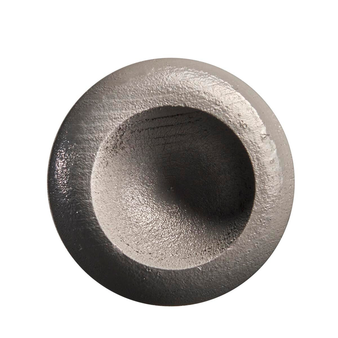 A round, metallic object with a rough, concave center resembling the end cap of the Louisville Slugger Youth Flylite Y243 Wood Baseball Bat: WBL2704010, is displayed against a white background.