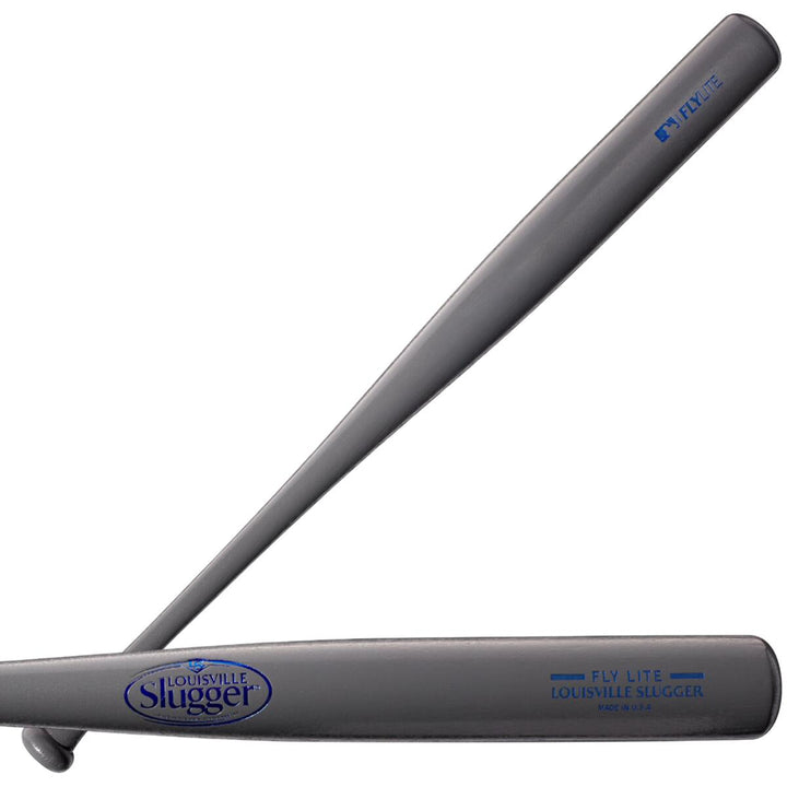 Two gray Louisville Slugger Youth Flylite Y243 Wood Baseball Bats (WBL2704010) are shown overlapped, each featuring the brand logo and blue "Flylite" textβideal poplar bats for young players.