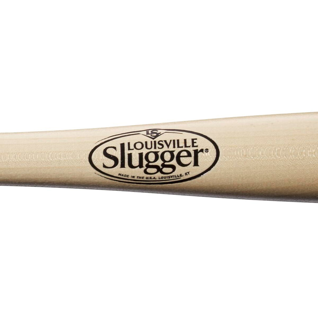 Close-up of the Louisville Slugger Fungo K100 36" Wood Training Bat (WBL271101036), showing its light wooden barrel and the Louisville Slugger logo stamped in black.