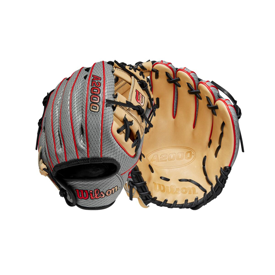 The Wilson A2000 PF88SS 11.25" SuperSnakeSkin Baseball Glove (WBW1009811125) features tan and gray leather with red/black accents, shown front and back. Pedroia Fit technology ensures a comfortable, secure fit. Brand: Wilson.