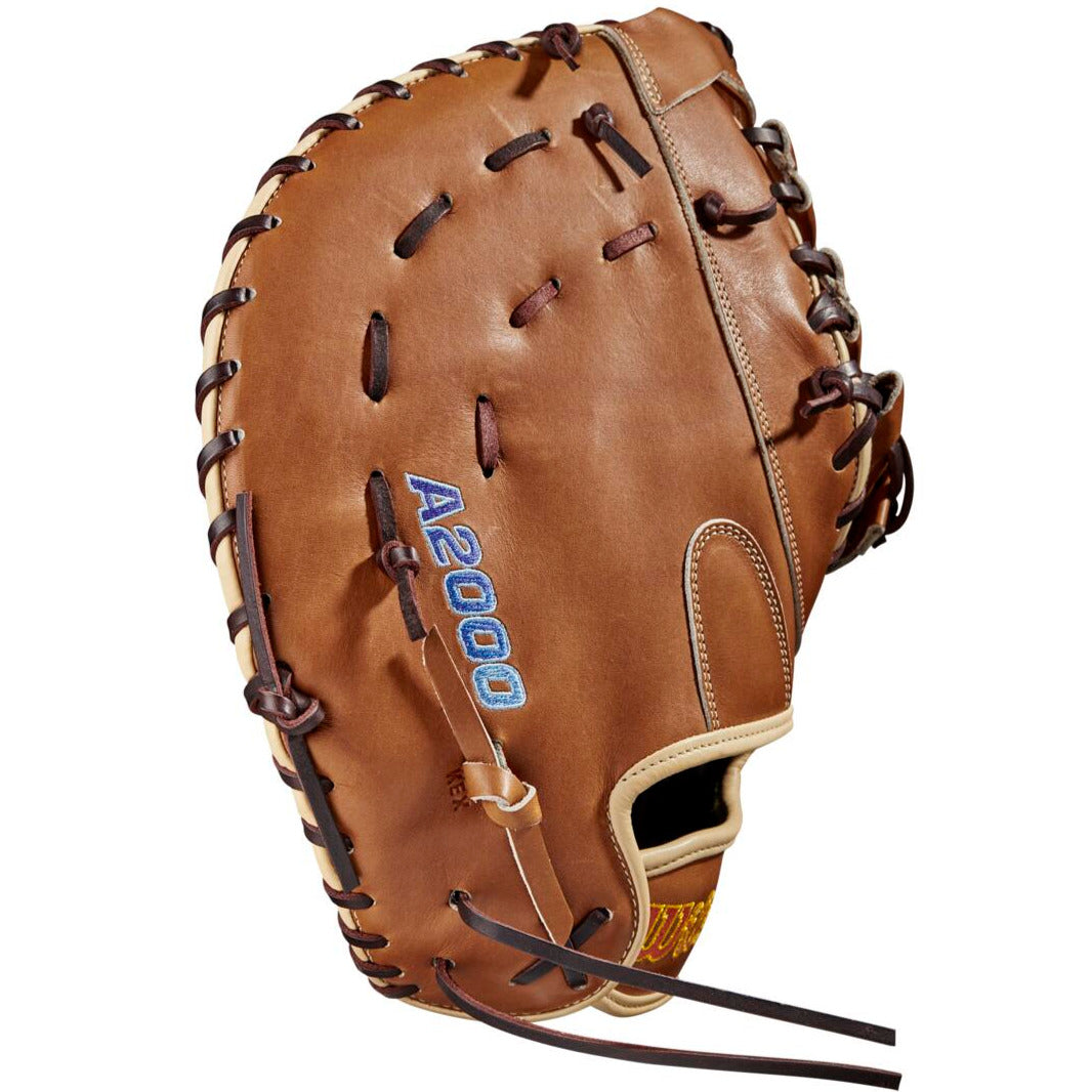 A brown Wilson A2000 AC4 12.5" Amanda Chidester GM Fastpitch First Base Mitt with black laces and "A2000" embroidered in blue, inspired by the Amanda Chidester glove collection.