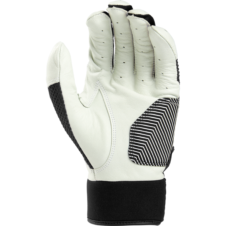 The Rawlings Workhorse Youth Batting Gloves (WH22BY) feature black textured and striped accents on the palm and fingers, shown palm-forward with slightly bent fingers against a plain light background.