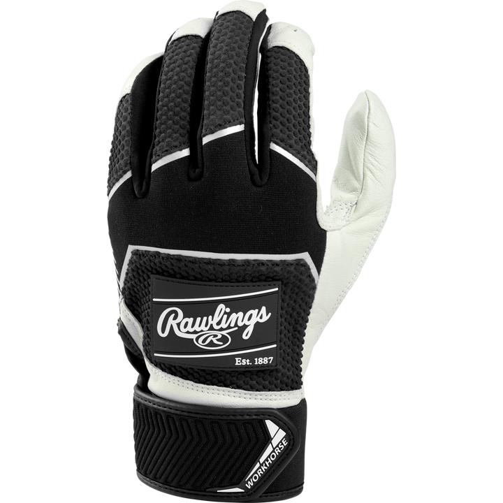 The Rawlings Workhorse Youth Batting Gloves (WH22BY) feature black and white textured material, white accents, a Velcro strap labeled "Workhorse," and display the Rawlings logo with "Est. 1887" on the back.