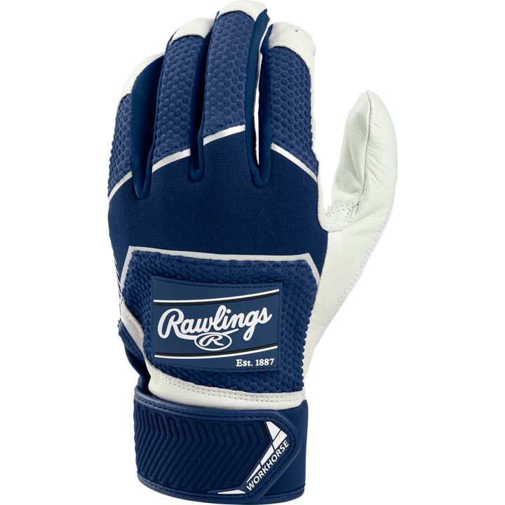 The Rawlings Workhorse Youth Batting Gloves (WH22BY) in navy blue and white feature textured knuckles, white stitching, a velcro wrist strap labeled "Workhorse," plus the Rawlings logo and "Est. 1887" on the back.