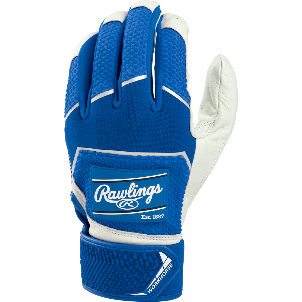 The Rawlings Workhorse Youth Batting Gloves (WH22BY) feature a blue and white design, adjustable wrist strap, textured grip, and display the Rawlings logo with "Est. 1887" on the back for athletic performance.