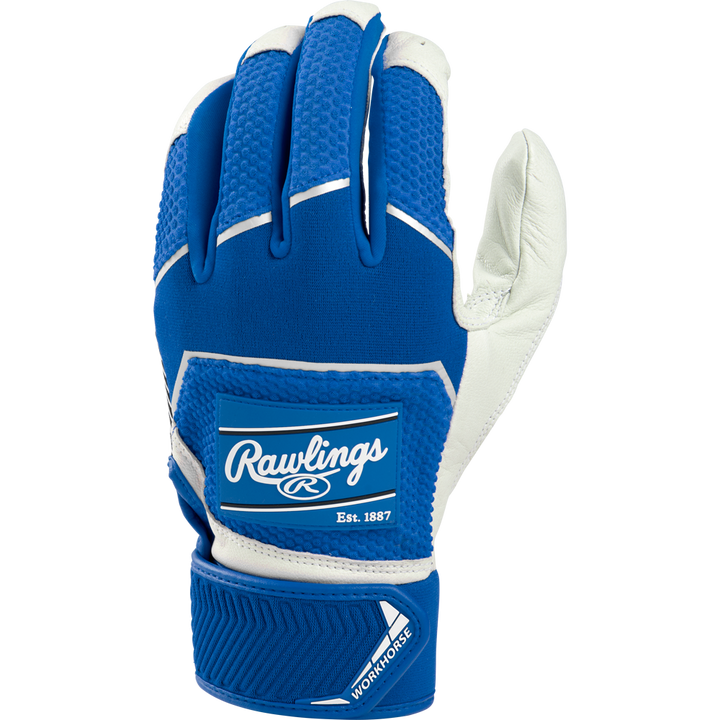 The Rawlings Workhorse Youth Batting Gloves (WH22BY) feature a blue and white design, adjustable wrist strap, textured grip, and display the Rawlings logo with "Est. 1887" on the back for athletic performance.