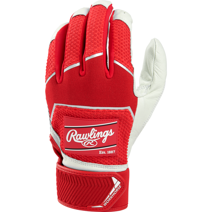 A Rawlings Workhorse Youth Batting Glove (WH22BY) in red and white, featuring a Velcro strap and "Rawlings Est. 1887" and "Workhorse" logos, is shown palm out to highlight the textured surface.